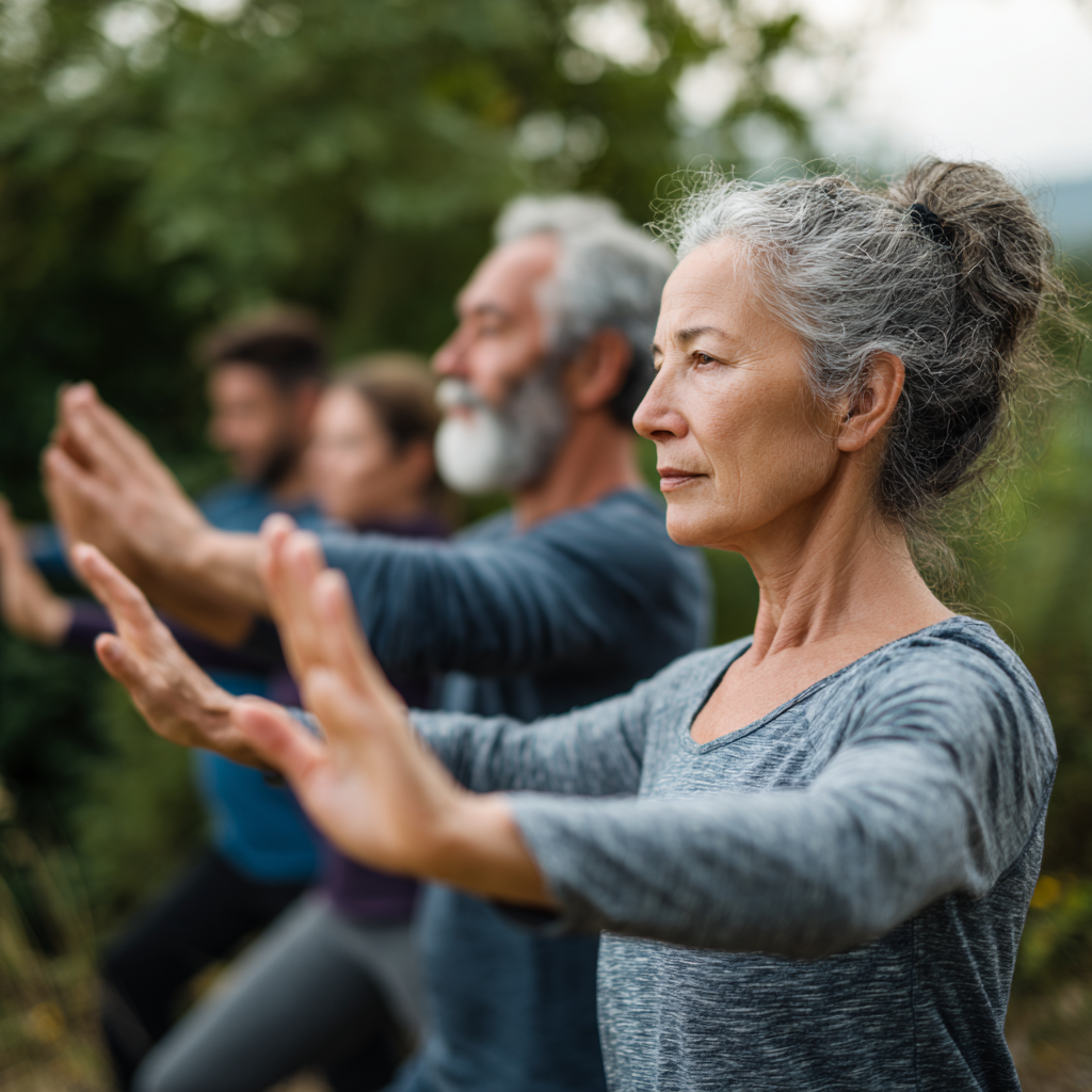 Middle-aged adults practicing gentle movement exercises outdoors in natural setting
